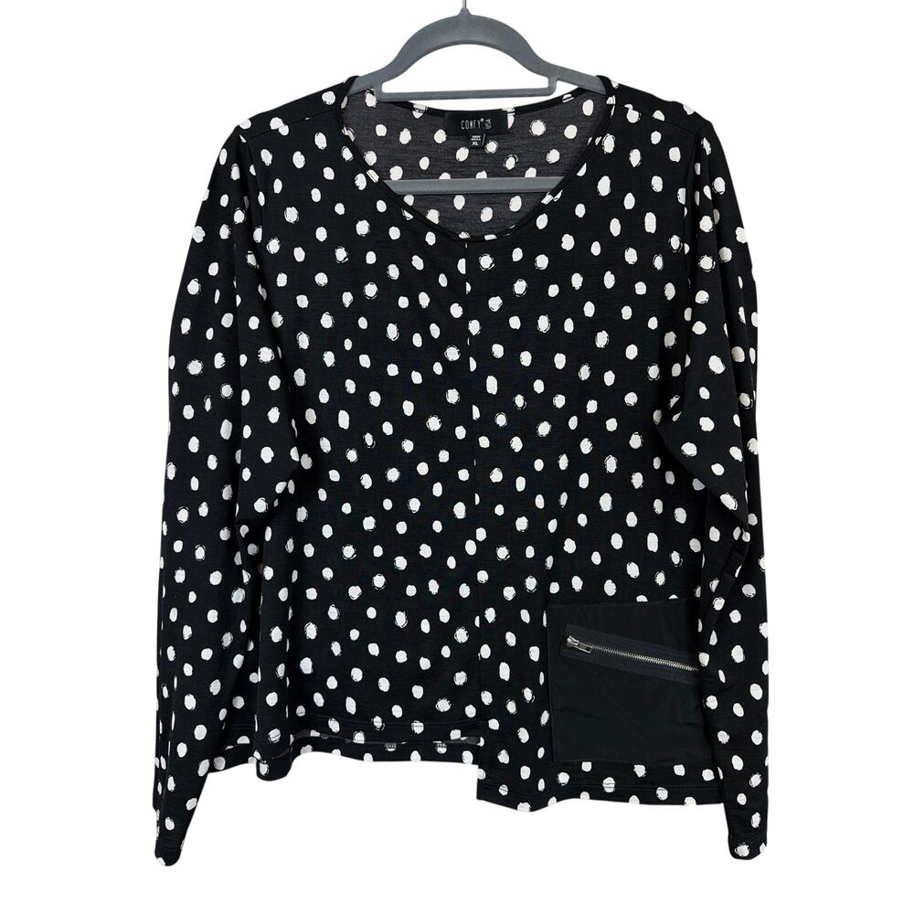 Comfy USA Black White Polka Dots Long Sleeve Scoop Neck Zipper Pocket Top XL